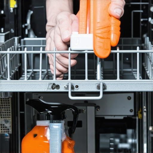 Person spraying rust inhibitor on dishwasher racks in kitchen