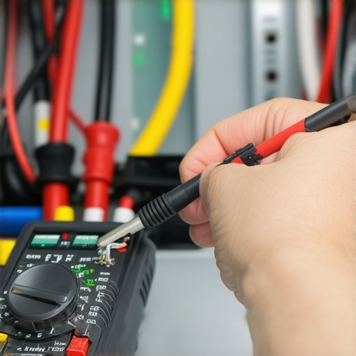 A person using a digital multimeter to test appliance wiring