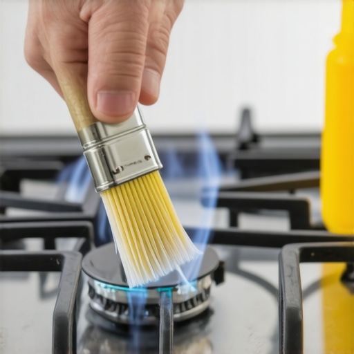 Person cleaning stove burner with brush and cleaning solution