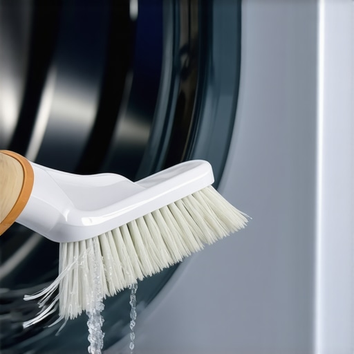 A person cleaning the rubber gasket around a washing machine door with a cloth and vinegar