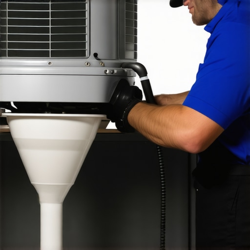 A technician using a flexible brush and funnel to clear an air conditioner drain pipe.