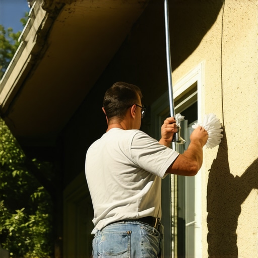 Person using a long brush to clear lint from the exterior dryer vent cap.