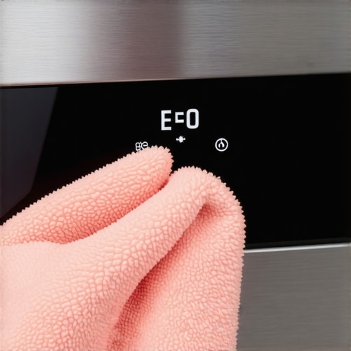 Close-up view of a person cleaning an oven temperature sensor with a microfiber cloth in a well-lit kitchen