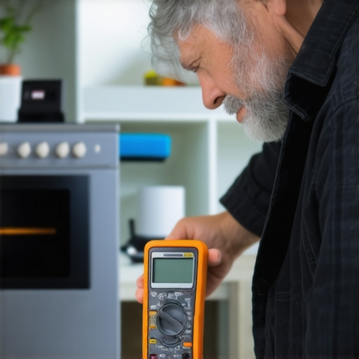 A person testing an appliance using a digital multimeter in a well-lit garage