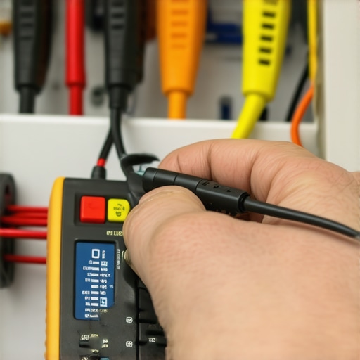 Person measuring appliance voltage with multimeter for maintenance