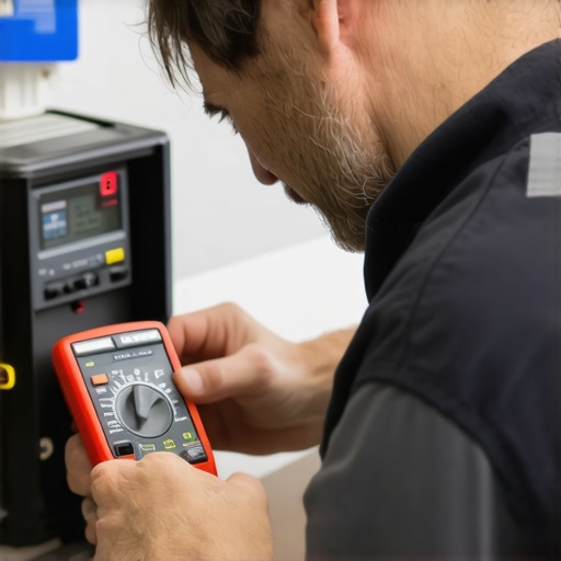 A technician using a multimeter to test an appliance's electrical connection