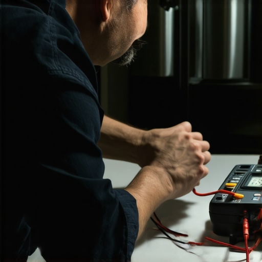 Technician testing a refrigerator with a multimeter and security sensors for smart home monitoring.