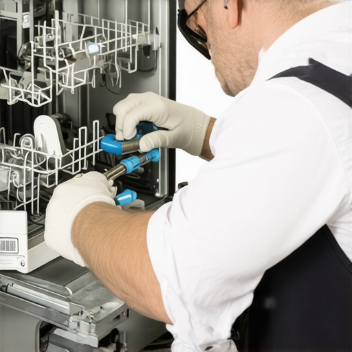 Technician fixing dishwasher latch with tools