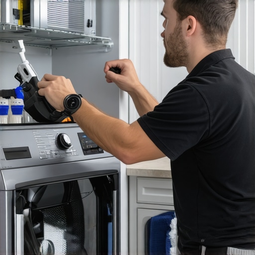 Technician cleaning dryer vent and replacing internal heating components
