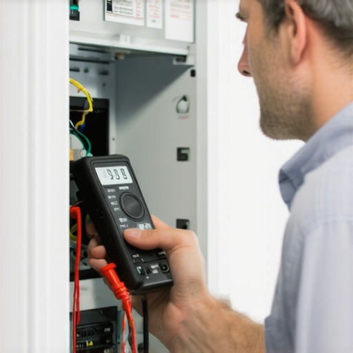 Technician using a multimeter to diagnose an appliance electrical system.