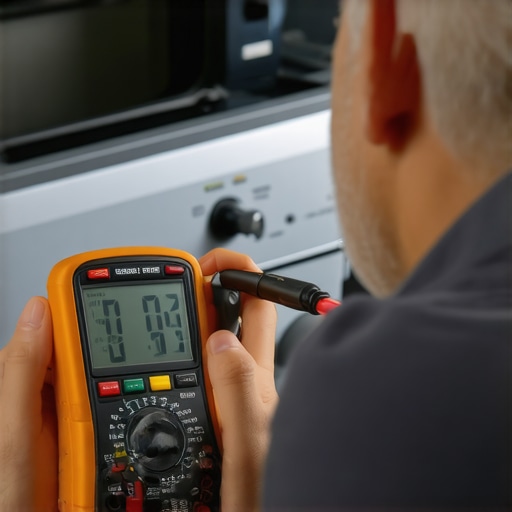 Technician using multimeter and inspection camera on appliance for repair and maintenance.