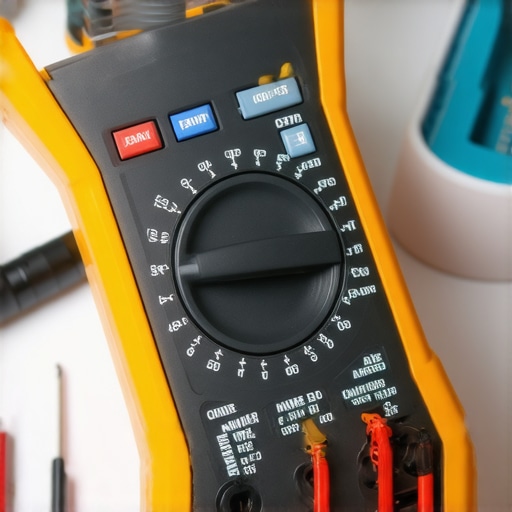 A multimeter with probes testing an appliance part.