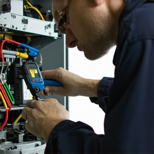 Technician carefully examining an appliance during repair process