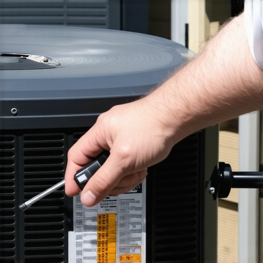 Person locating and pressing a small reset button on an outdoor HVAC unit