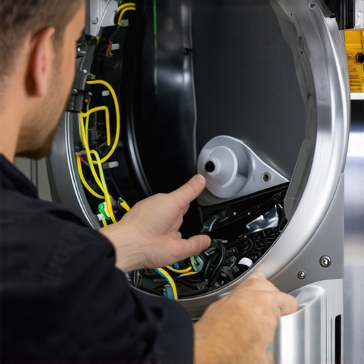 Technician inspecting internal parts of a gas dryer for heating issues.