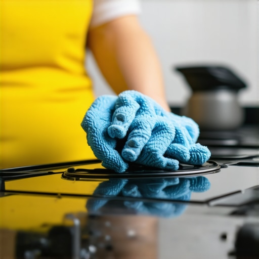Person cleaning a glass-top stove surface with a microfiber cloth.