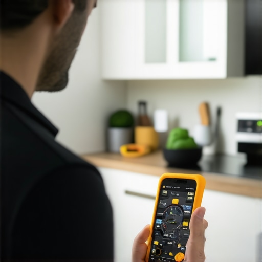 Homeowner diagnosing appliances with multimeter and smartphone