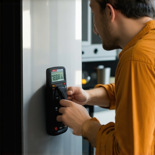 A person testing an appliance's electrical component with a multimeter in a kitchen setting.