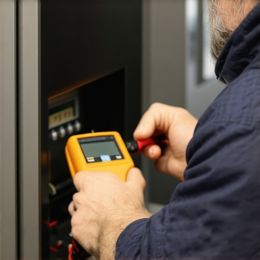Person testing appliance wiring with a multimeter in a home workshop.