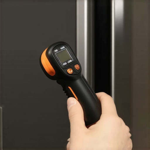 Close-up of hand holding infrared thermometer directed at appliance component