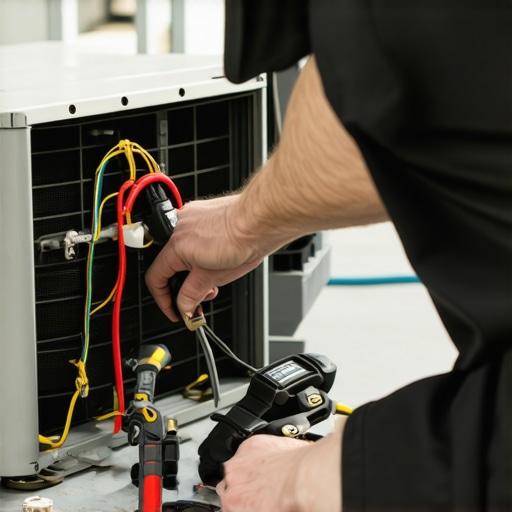 Technician checking the mounting bolts of an air conditioner compressor to identify loose or damaged parts