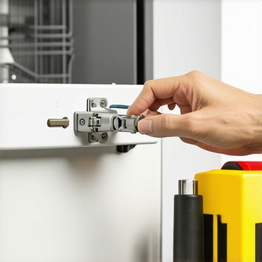 Person using tools to check dishwasher door latch and hinges for damage or misalignment