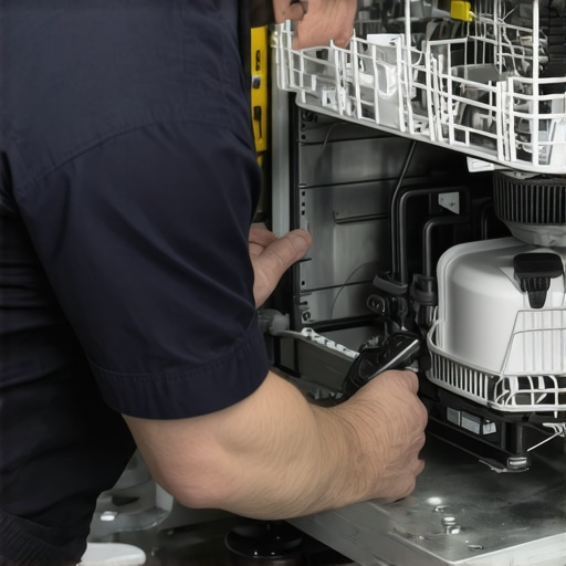 Technician checking dishwasher's drainage system, removing filter and examining pump components.