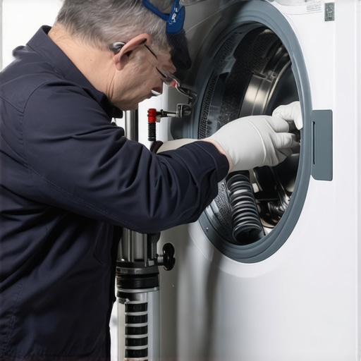 Technician checking shock absorbers inside a washing machine