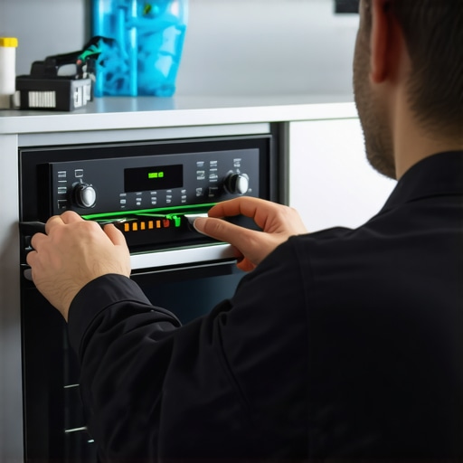 Technician examining oven's internal wiring and control components