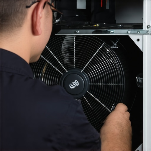 Technician testing an air conditioner fan motor with a multimeter, showing hands and equipment in detail.