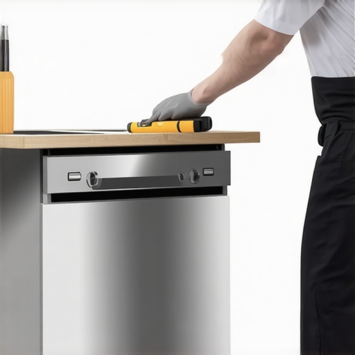 Technician adjusting dishwasher feet with a bubble level in a clean kitchen.