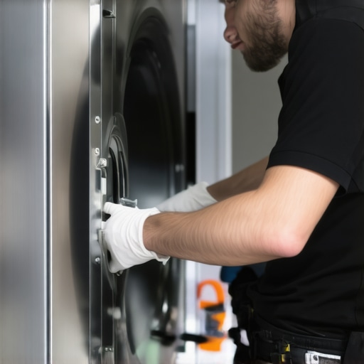 Technician precisely adjusting the leveling feet of a front-load washing machine using a bubble level.