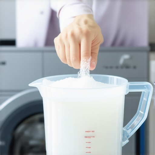Person measuring HE detergent with a cup in laundry room