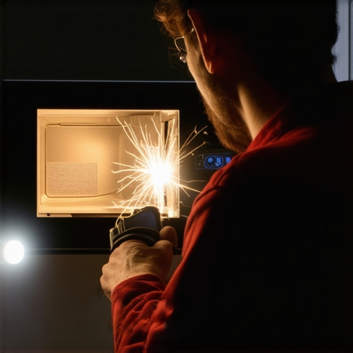 Technician checking the interior of a microwave for sparks with tools and flashlight.