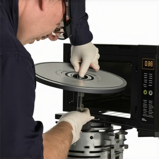 Technician inspecting microwave turntable components during repair
