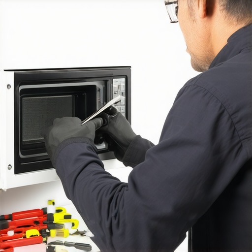Technician changing a faulty microwave door switch inside the appliance.
