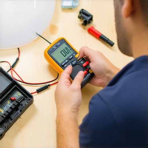 Close-up of a person measuring electrical components of an appliance with a digital multimeter