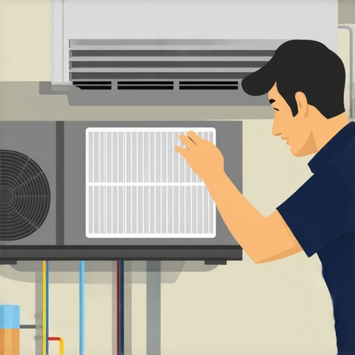 HVAC technician inspecting air conditioner's coil and filter during maintenance.