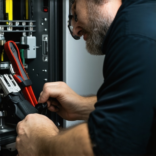 Technician carefully inspecting an appliance during repair
