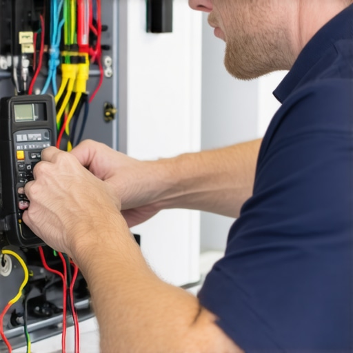 Technician testing appliance wiring with a multimeter during maintenance.
