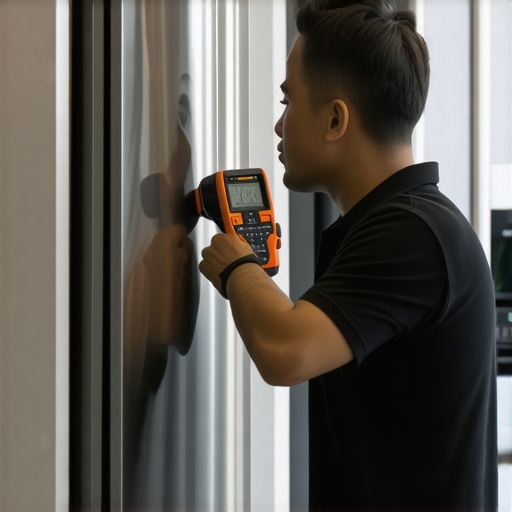 Technician diagnosing a refrigerator with multimeter and infrared thermometer