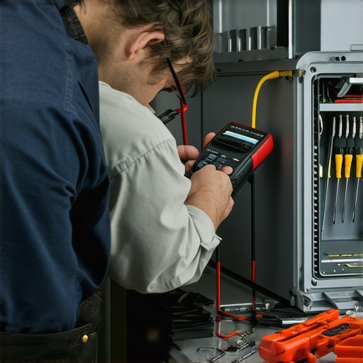 Technician testing a washing machine with a multimeter and screwdriver in workshop