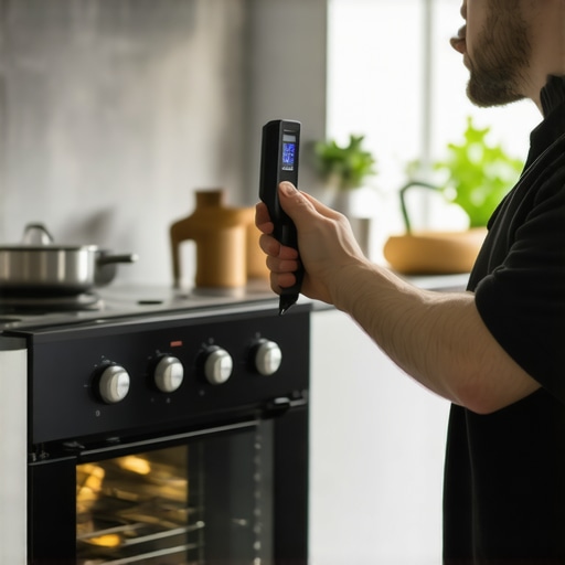 Technician measuring oven temperature with infrared thermometer