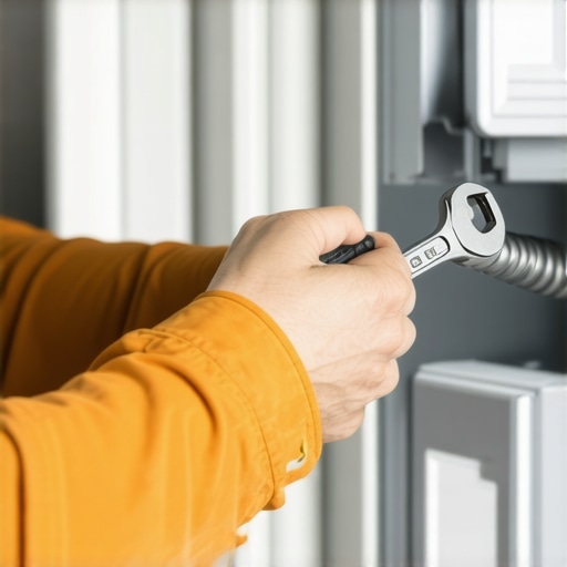 Technician tightening dishwasher inlet hose with wrench for correct installation.