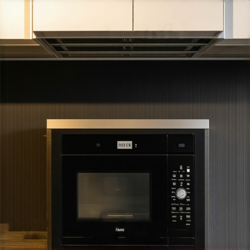 A built-in microwave with visible space around it showing proper ventilation and clearance in a kitchen