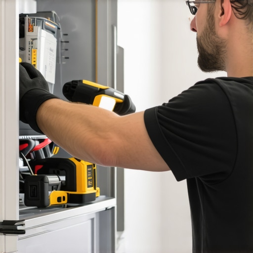 Technician correctly wiring and leveling a refrigerator during installation.