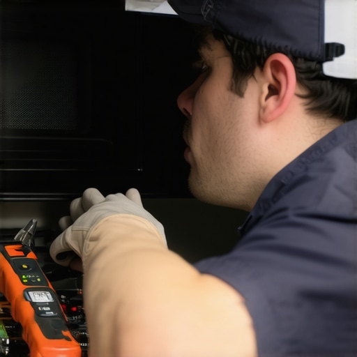 Technician replacing a microwave door switch with tools