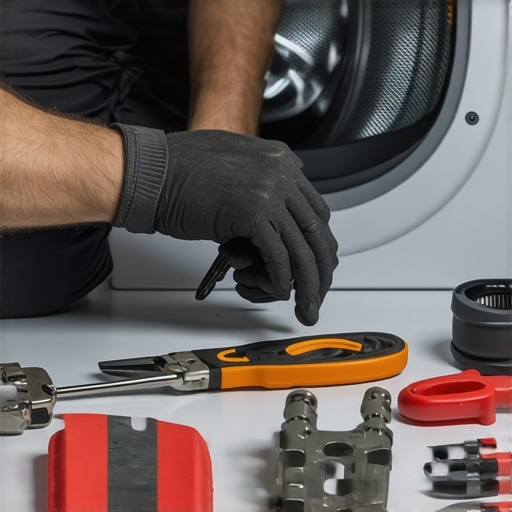 Technician replacing a seal on a washing machine inlet valve using tools and new parts.