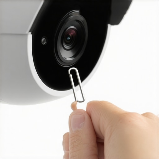 Person pressing the reset button on a smart home camera with a paperclip.