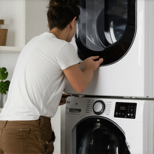 Person assembling a stacked washer and dryer with tools and brackets in a laundry room